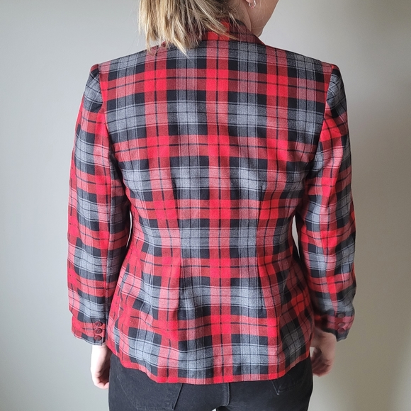 1980s red black plaid double breasted blazer - Picture 3 of 12